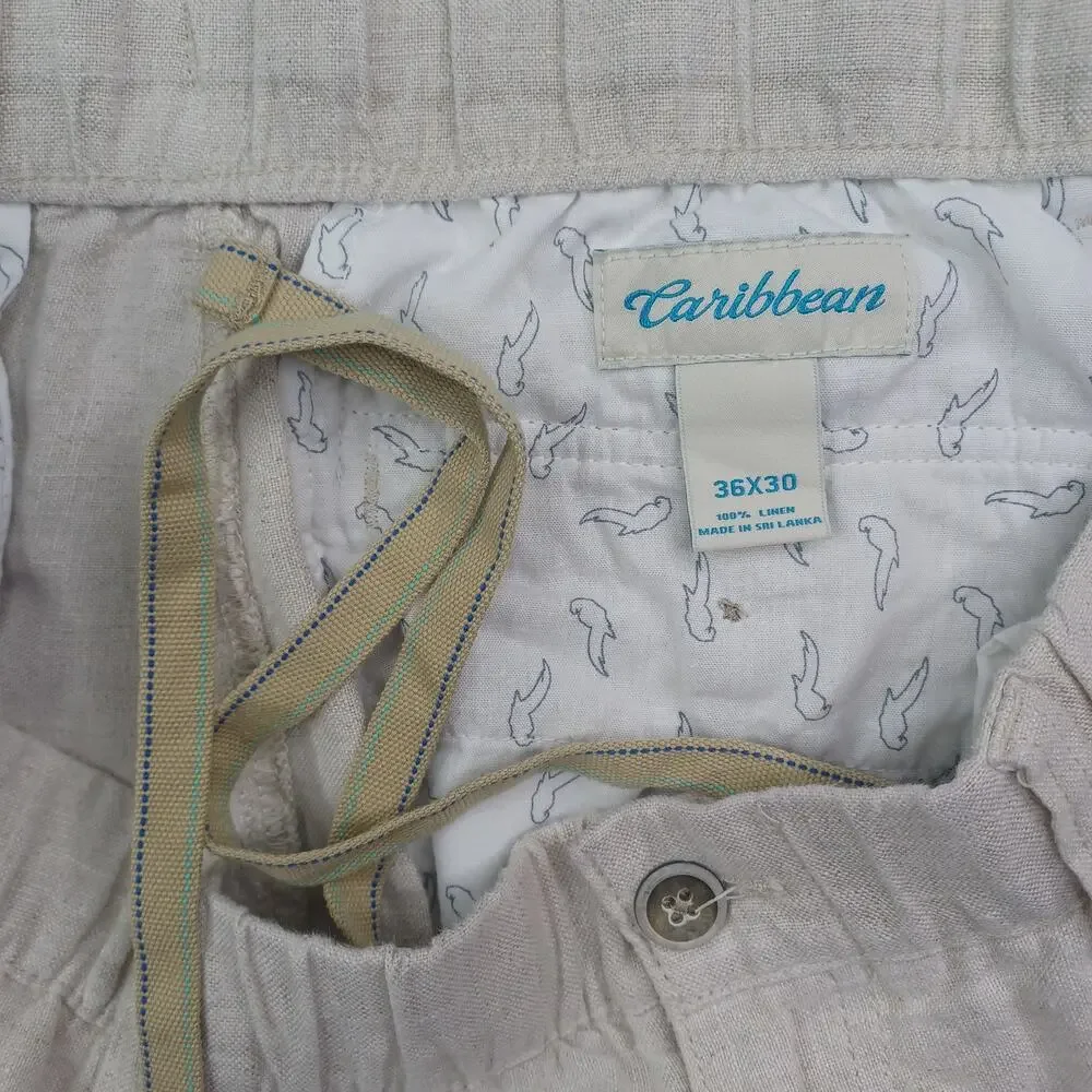 Caribbean 100% Linen Cargo Pants Men's 36x30 Beige Drawstring Coastal Straight